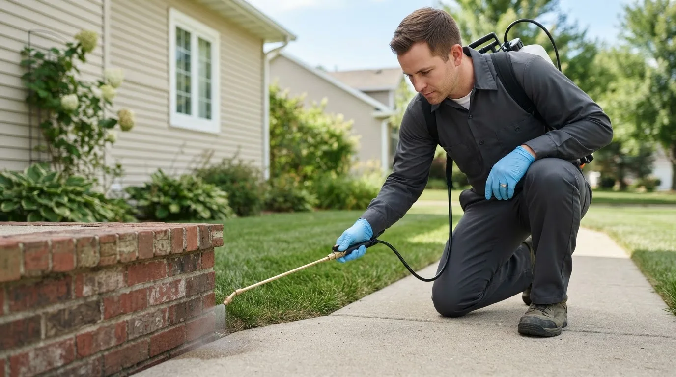 Pest control technician treating a home near Selma, IA